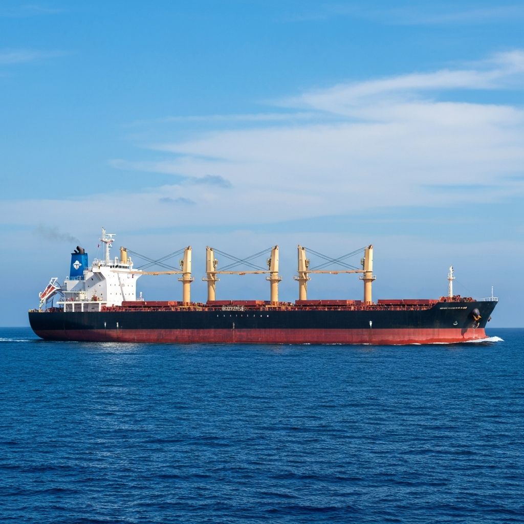 Cargo bulk carrier sailing at sea on a clear sunny day