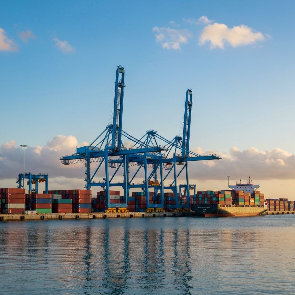 Container port terminal with gantry cranes and shipping containers on a clear day